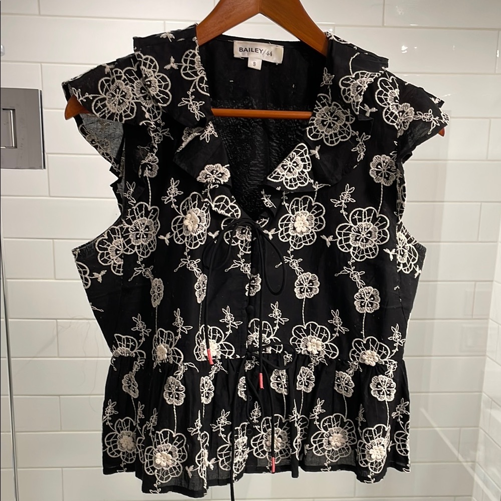 Bailey 44 Black and White Ruffled Peplum Blouse